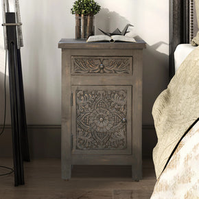 Intricately Hand Carved Distressed Gray 27 in. Tall  Nightstand