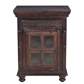 Transitional Style Carved Nightstnad With Glass Pane