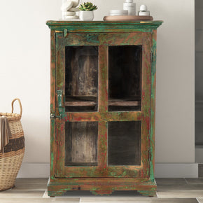 Farmhouse Vintage Glass Door Cabinet With Colored Patina