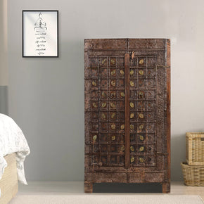 Mid 1900s Teak Wood 53" Tall Rustic Cabinet With Metal Accents