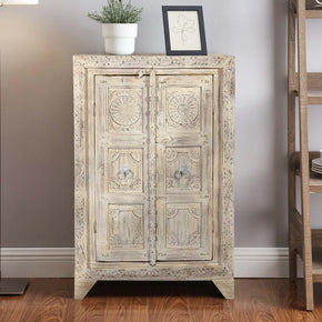 Farmhouse Style Distressed White 2 Door Carved Cabinet
