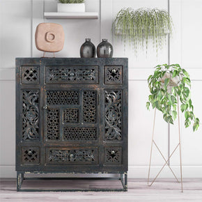 Transitional Style Lattice Carved Cabinet On Metal Stand