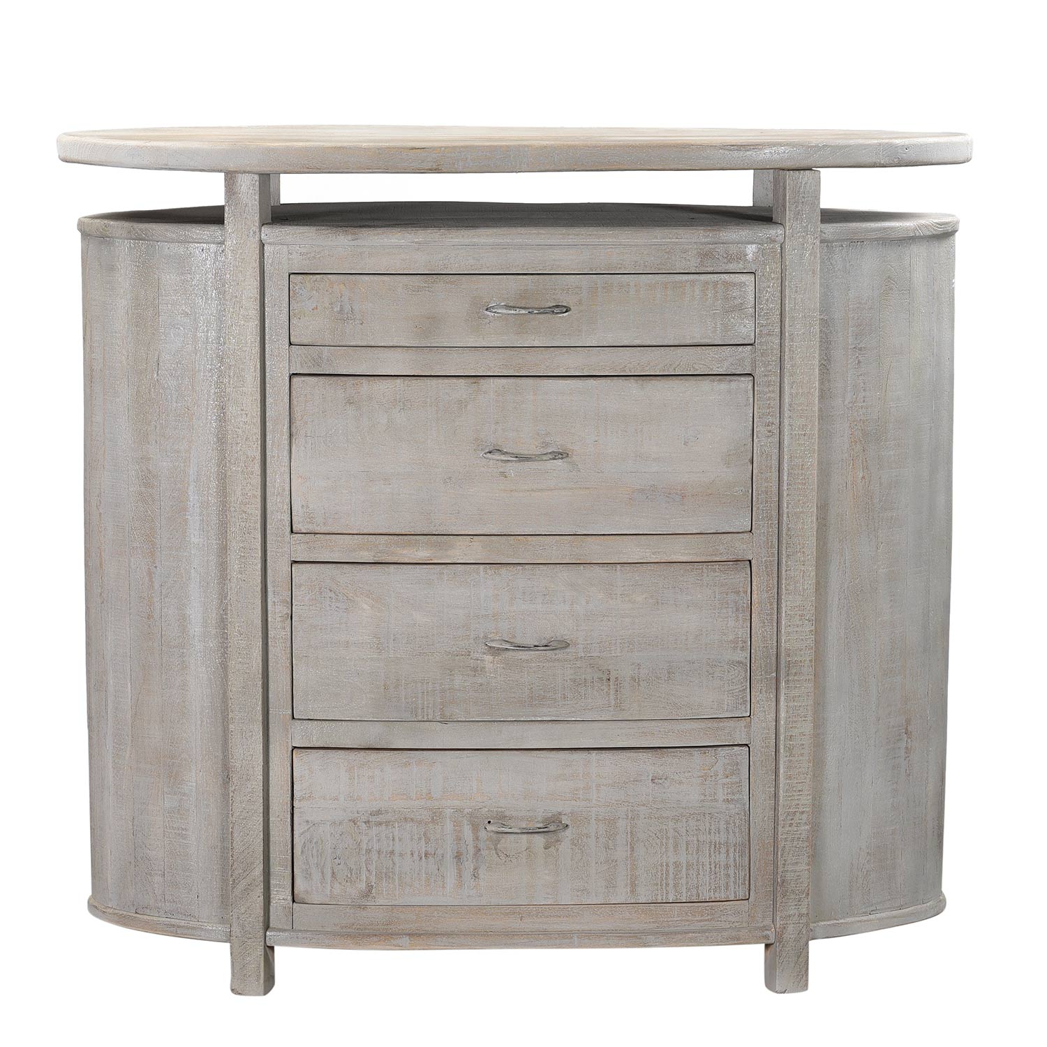 Mid Century Mod Oval 4 Drawers Solid Wood Dresser In Distressed White Mid Century Mod Oval 4 Drawers Solid Wood Dresser In Distressed White