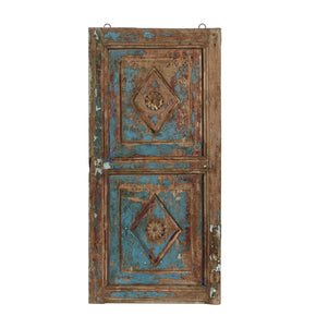 Vintage Carved Wooden Shutter Rustic Blue Patina Wall Hanging