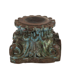 Distressed Blue Green Carved Antique Column Base Candle Holder Riser