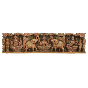 Traditional Indian Hand Carved Wooden Gaja Lakshmi With Ganesha Sarawati Wall Hanging