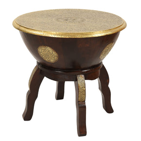 Transitional Style Wooden Drum 18" Round Side Table Brass Accents