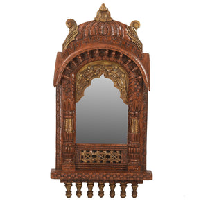Ornate Carved Jharokha 37" Tall Mirror With Copper Hand Paintings