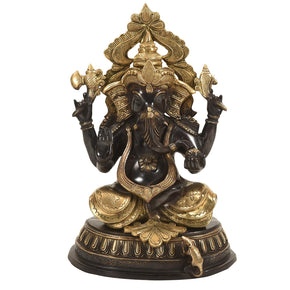 Eclectic 18" Tall Ganesha Brass Sculpture in Gold and Black Finish