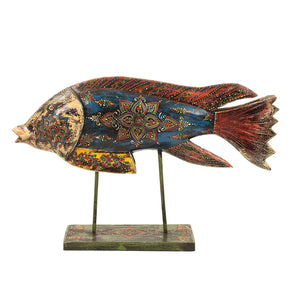 Eclectic Wooden Painted Fish On Metal Stand