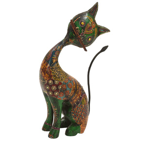 Unusual Painted Wood And Metal 11" Tall Cat Statue