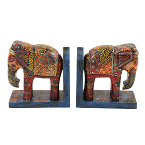 Artistically Hand Painted Wooden Elephant Book Ends - Set Of 2