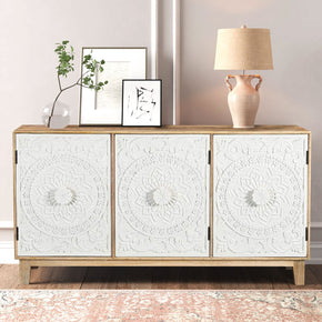 Transitional Style Hand Carved Floral Mandala Two Tone Solid Wood Sideboard
